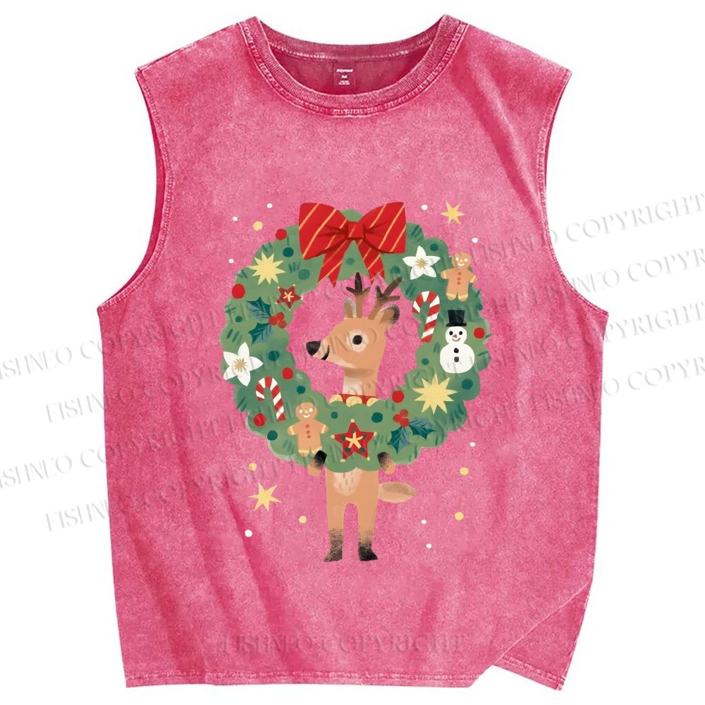 Unisex Deer in Christmas wreath Printed Washed Tank Top