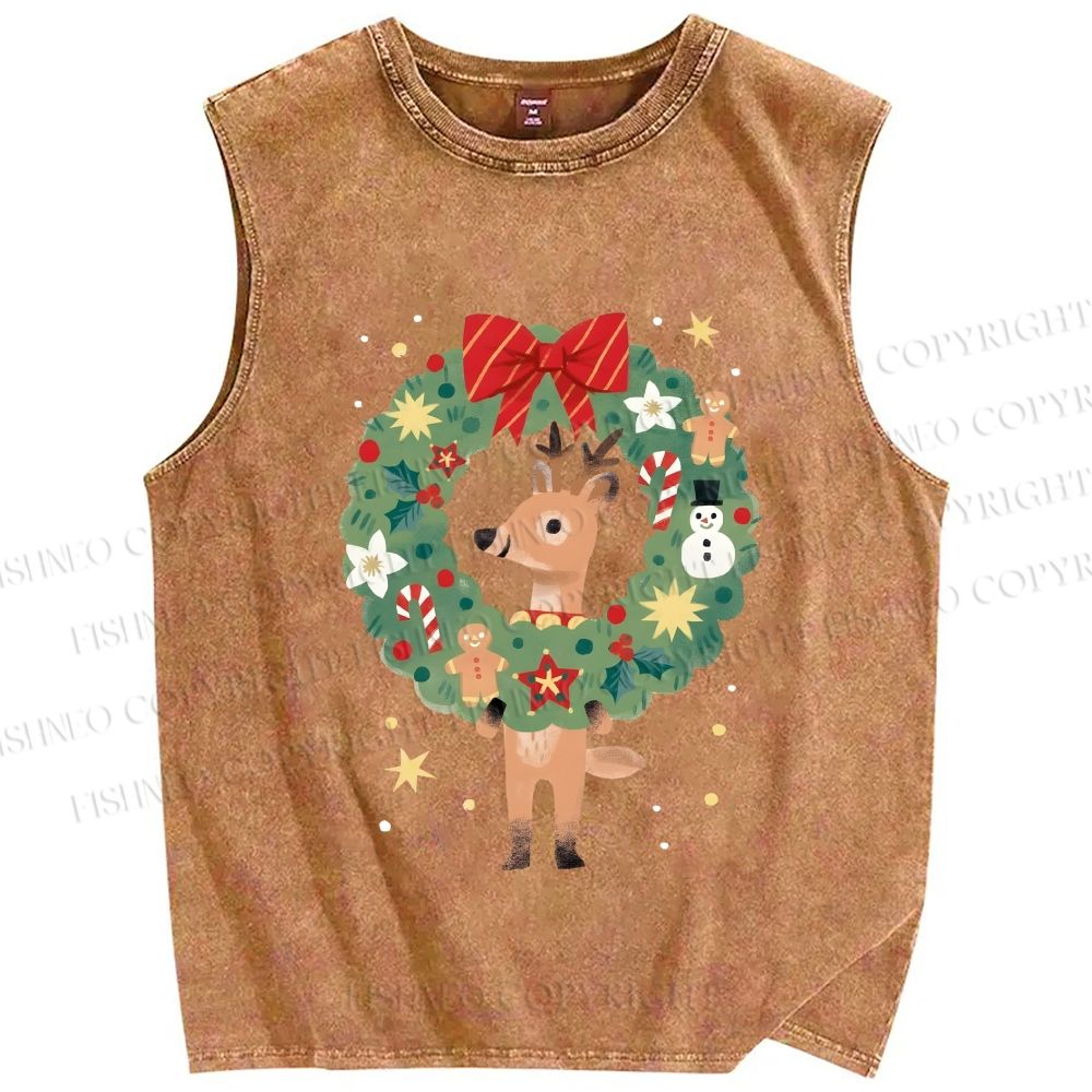 Unisex Deer in Christmas wreath Printed Washed Tank Top