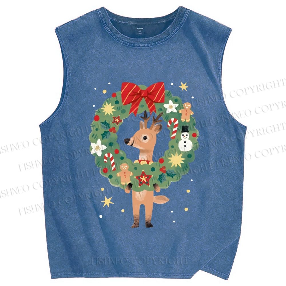 Unisex Deer in Christmas wreath Printed Washed Tank Top