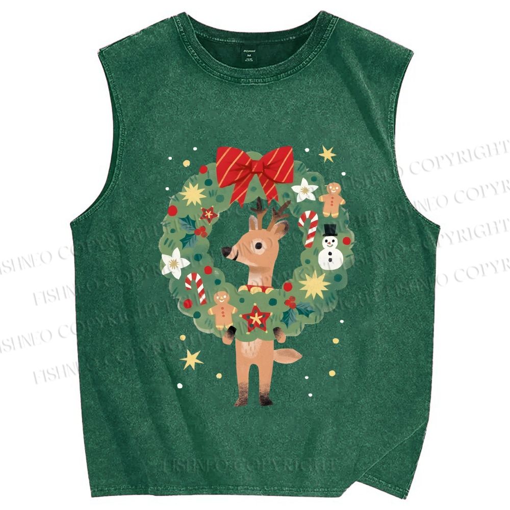 Unisex Deer in Christmas wreath Printed Washed Tank Top