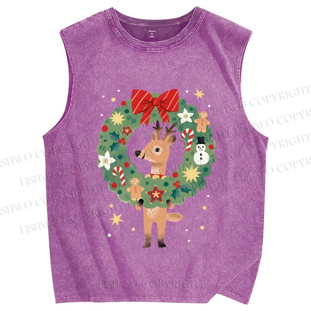 Unisex Deer in Christmas wreath Printed Washed Tank Top