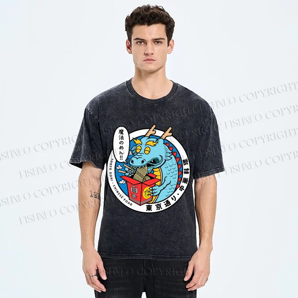 Unisex Dragon Chinese Food Printed Washed Tee