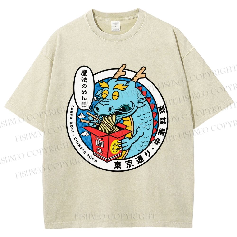 Unisex Dragon Chinese Food Printed Washed Tee