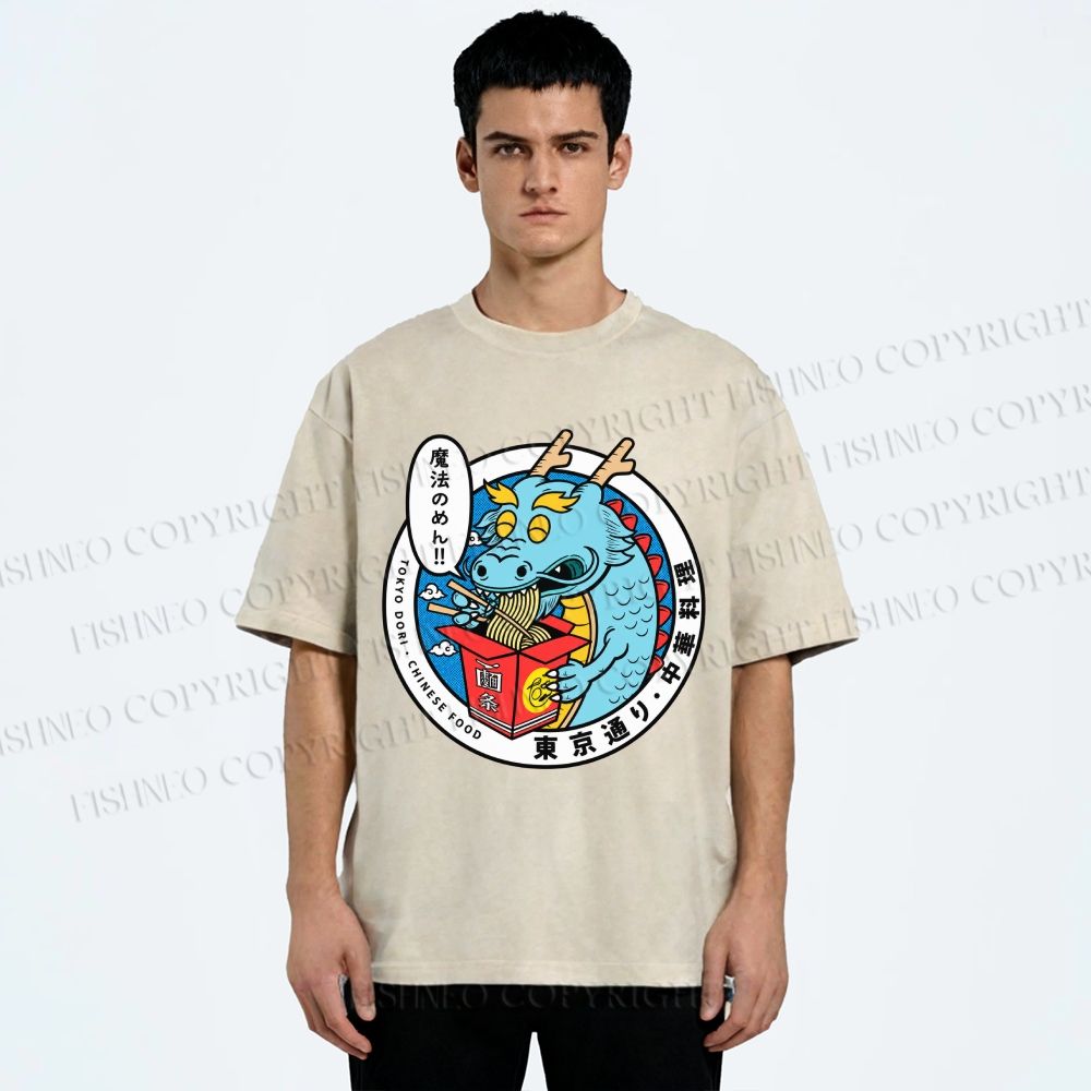 Unisex Dragon Chinese Food Printed Washed Tee