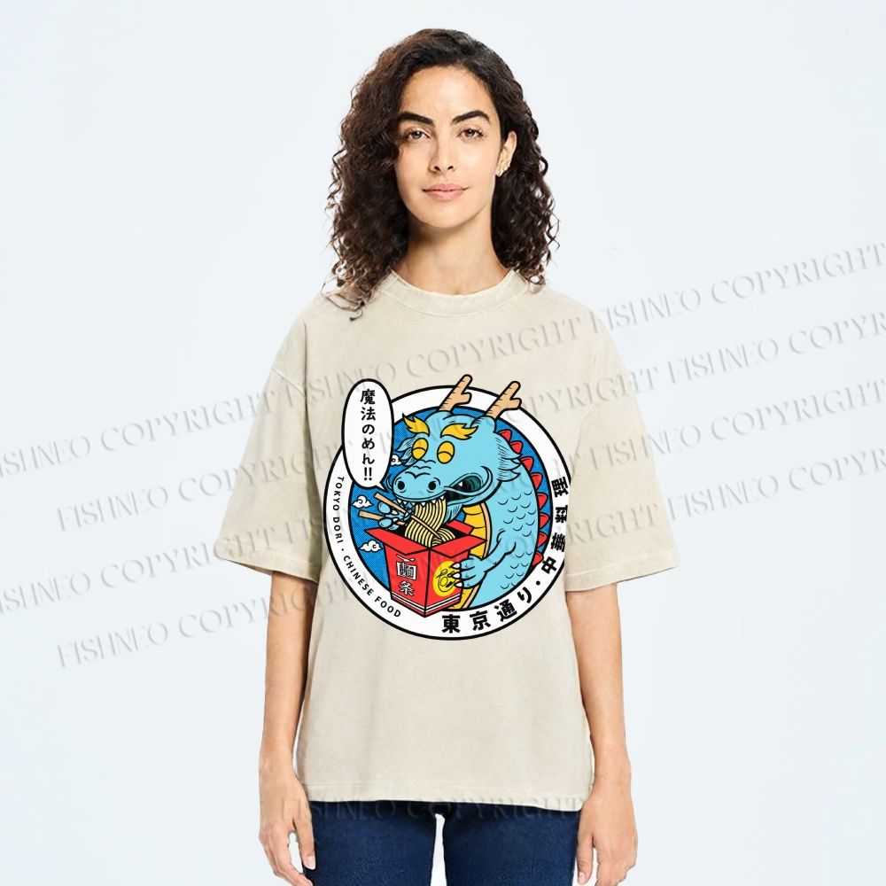 Unisex Dragon Chinese Food Printed Washed Tee