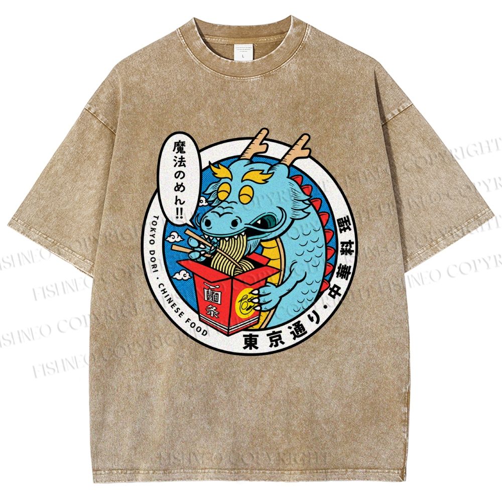 Unisex Dragon Chinese Food Printed Washed Tee