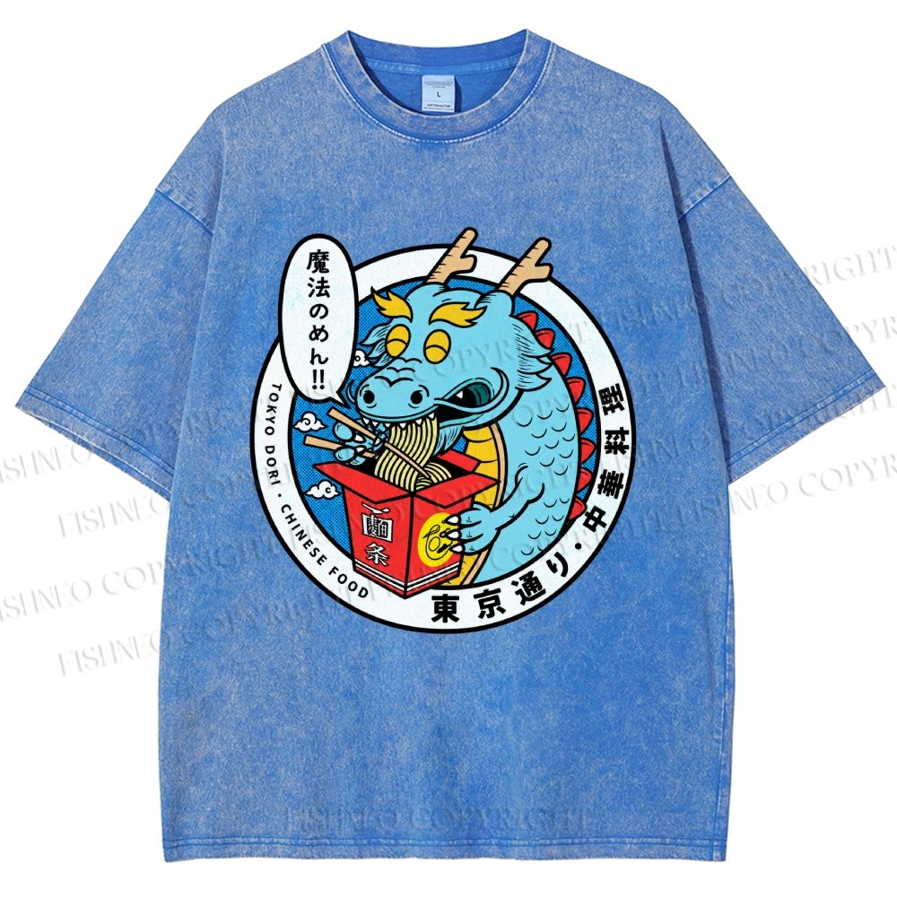 Unisex Dragon Chinese Food Printed Washed Tee