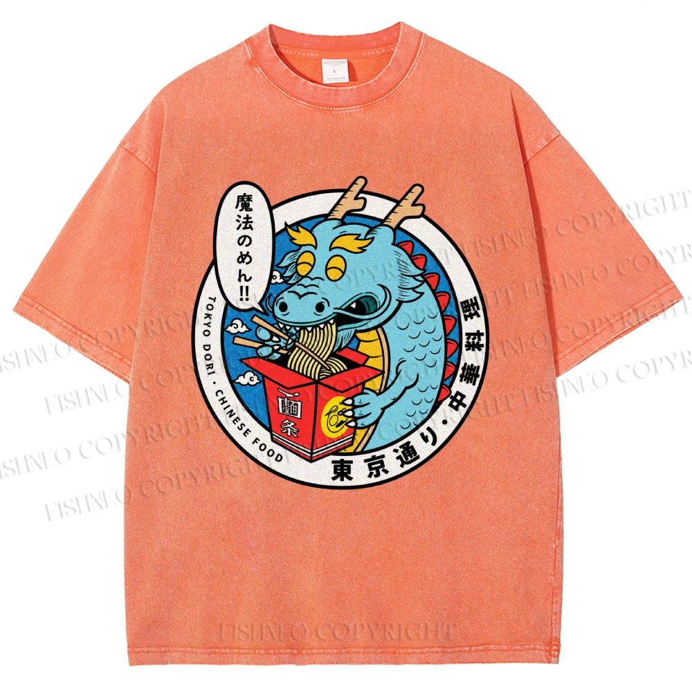 Unisex Dragon Chinese Food Printed Washed Tee
