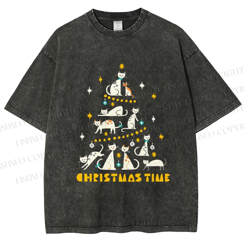 Unisex Christmas Cat Tree Printed Washed Tee