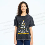 Unisex Christmas Cat Tree Printed Washed Tee