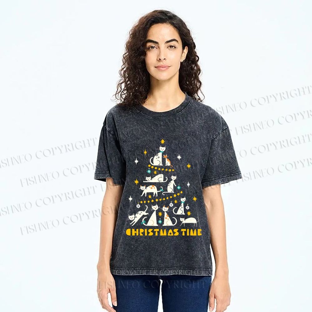 Unisex Christmas Cat Tree Printed Washed Tee