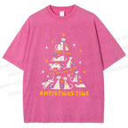 Unisex Christmas Cat Tree Printed Washed Tee