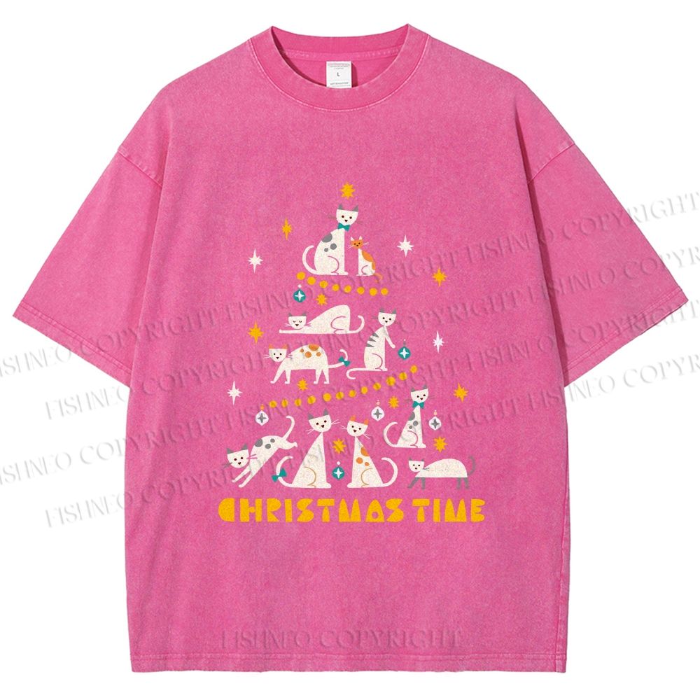 Unisex Christmas Cat Tree Printed Washed Tee