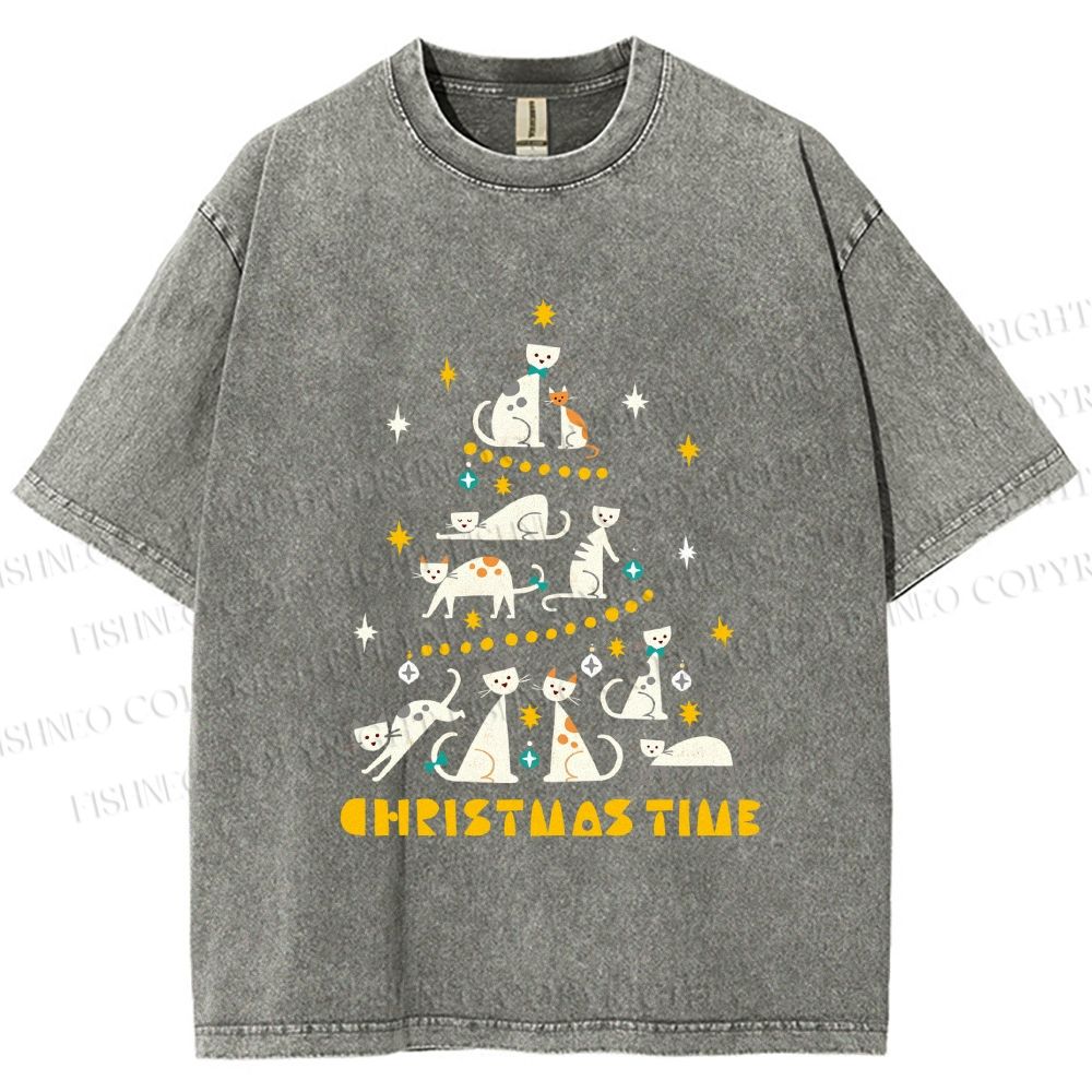 Unisex Christmas Cat Tree Printed Washed Tee