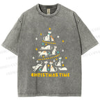 Unisex Christmas Cat Tree Printed Washed Tee