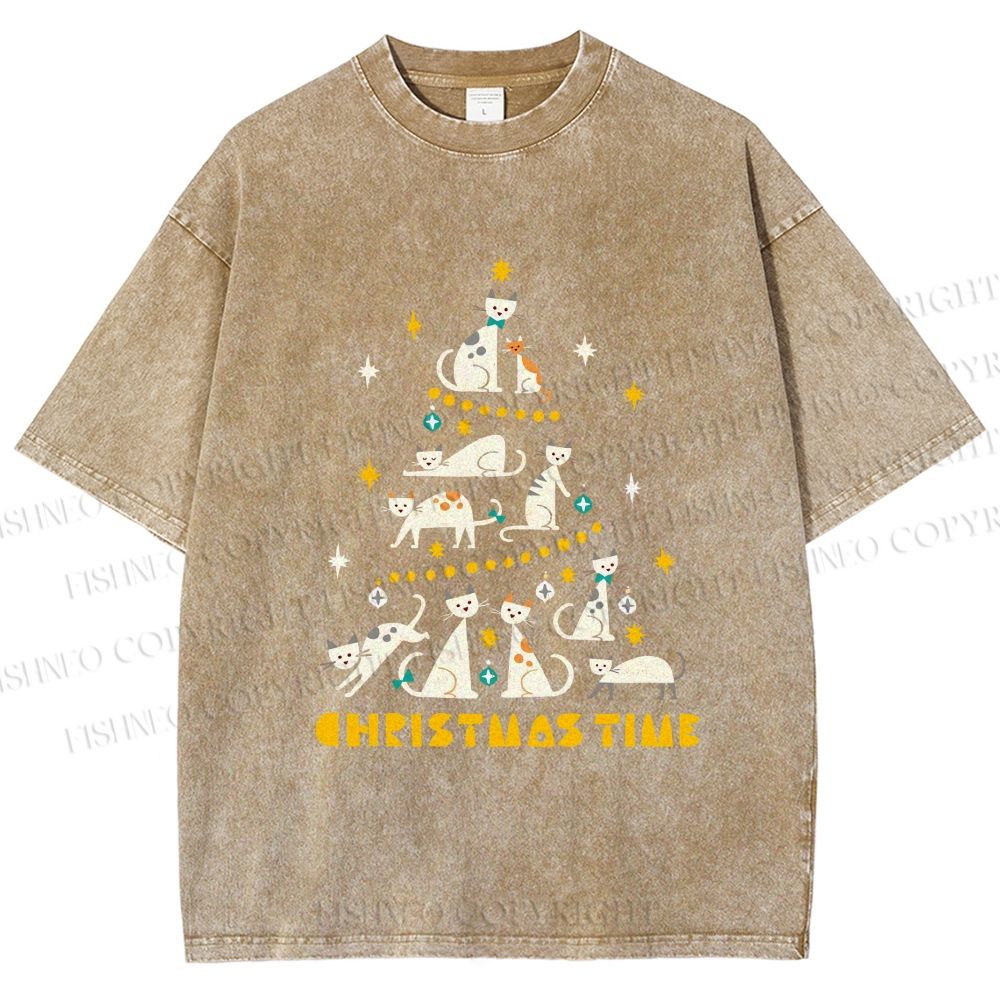 Unisex Christmas Cat Tree Printed Washed Tee