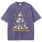 Unisex Christmas Cat Tree Printed Washed Tee