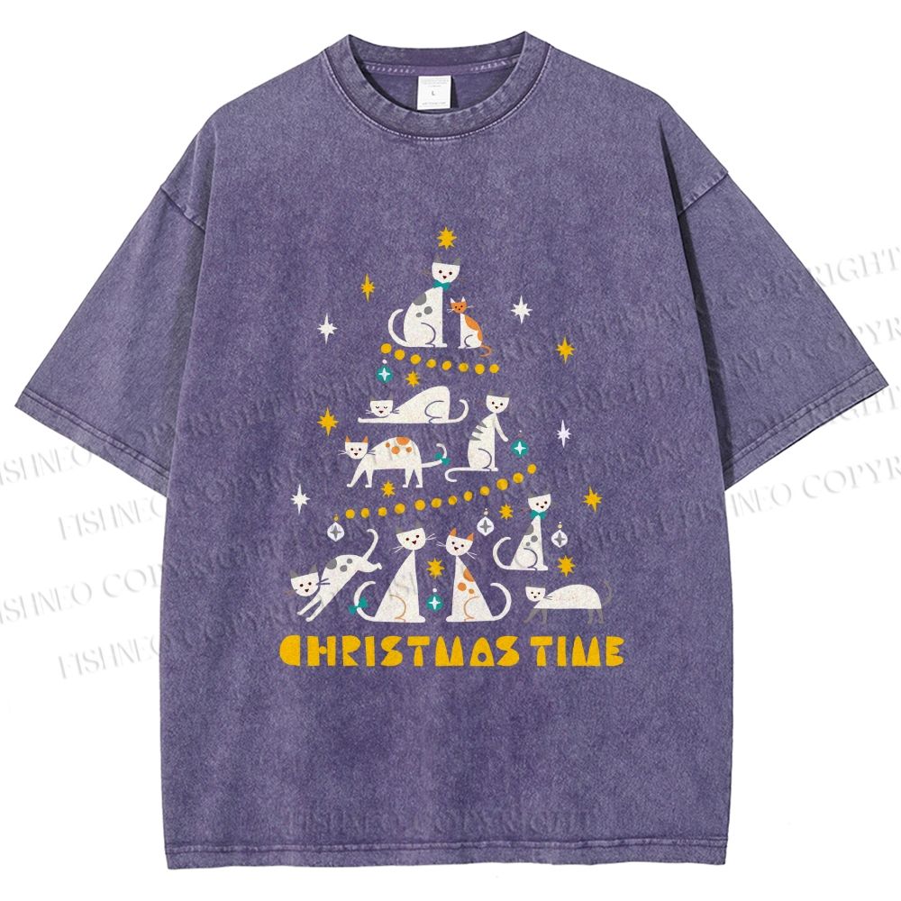 Unisex Christmas Cat Tree Printed Washed Tee