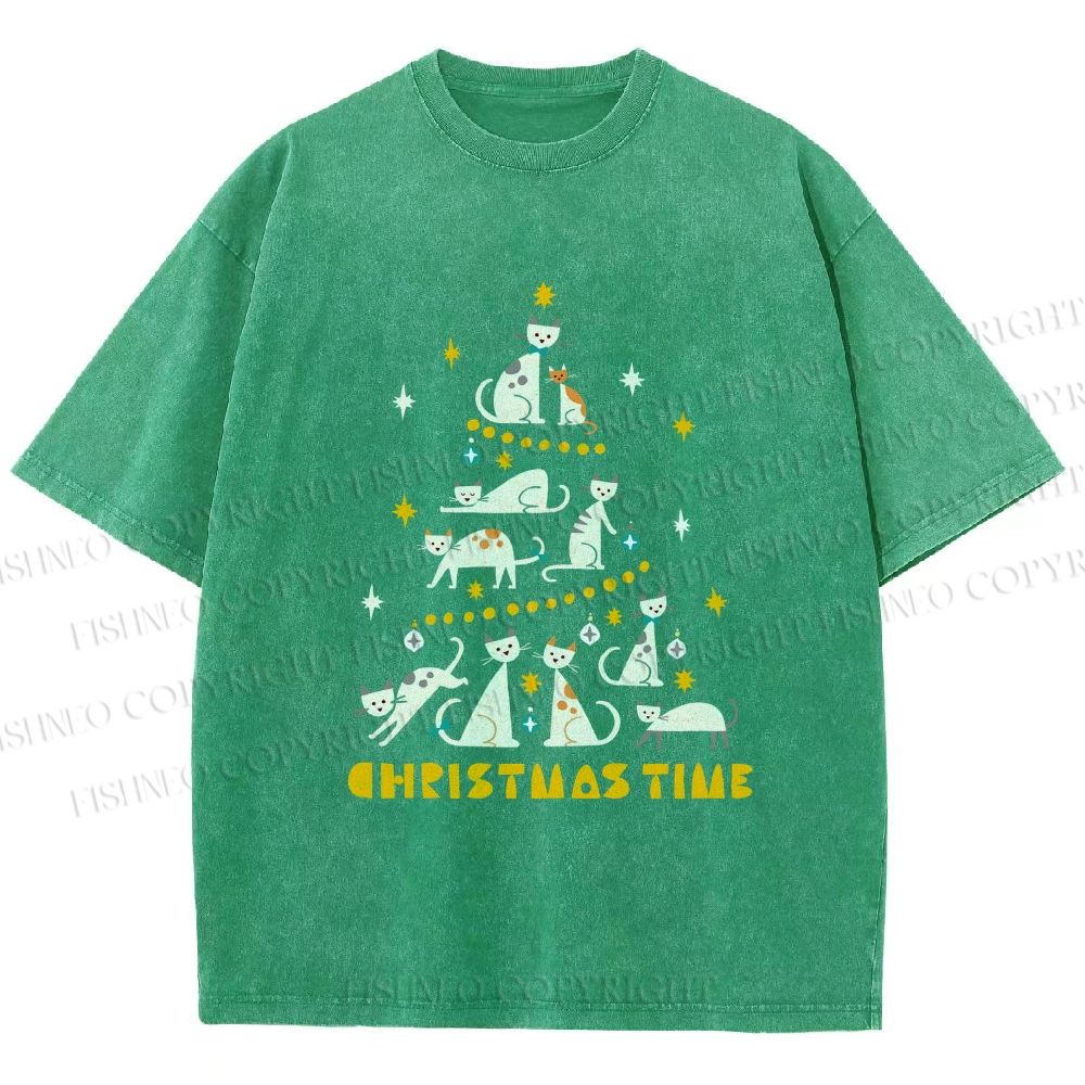 Unisex Christmas Cat Tree Printed Washed Tee