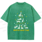Unisex Christmas Cat Tree Printed Washed Tee