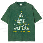 Unisex Christmas Cat Tree Printed Washed Tee