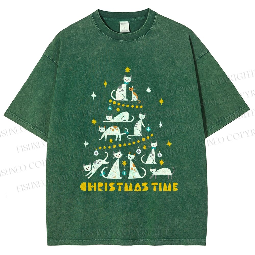 Unisex Christmas Cat Tree Printed Washed Tee