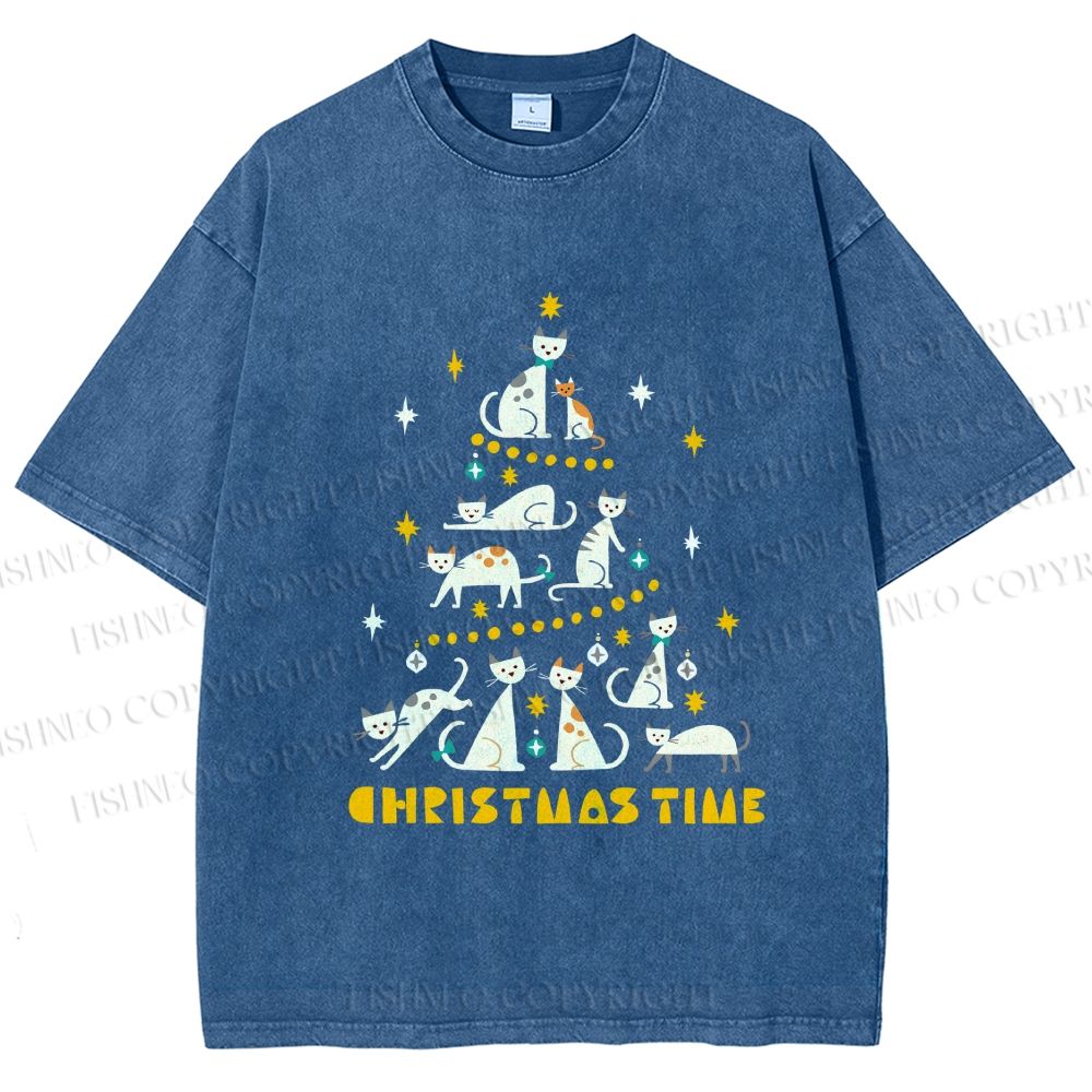 Unisex Christmas Cat Tree Printed Washed Tee