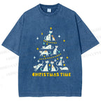 Unisex Christmas Cat Tree Printed Washed Tee