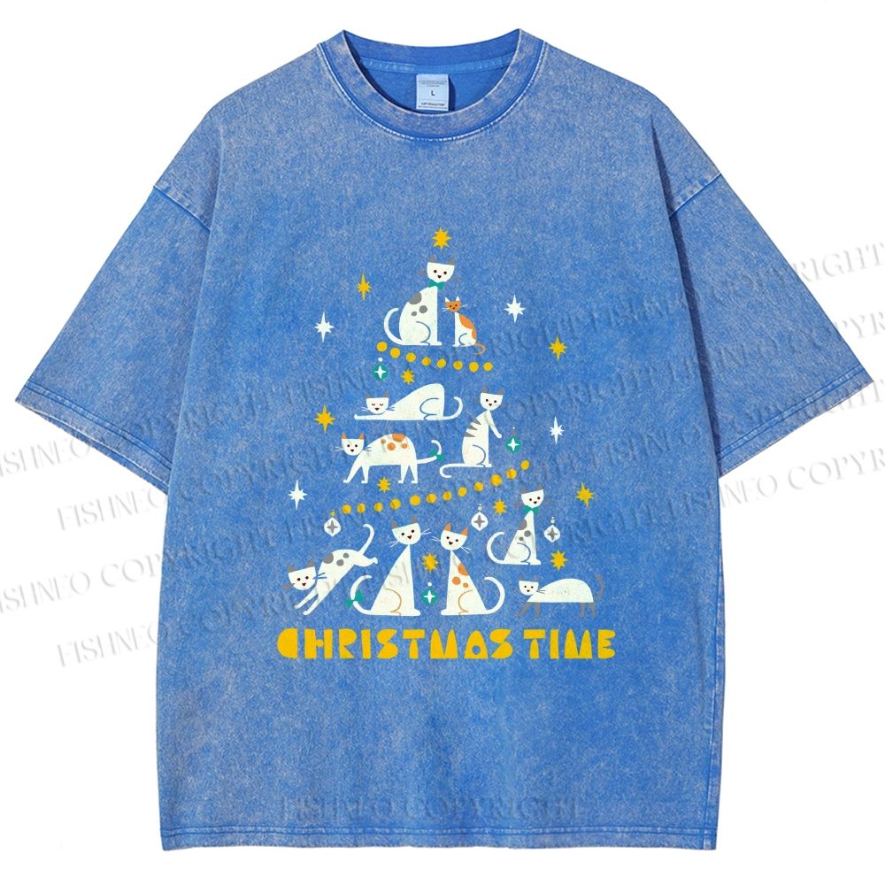 Unisex Christmas Cat Tree Printed Washed Tee
