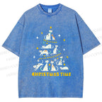 Unisex Christmas Cat Tree Printed Washed Tee
