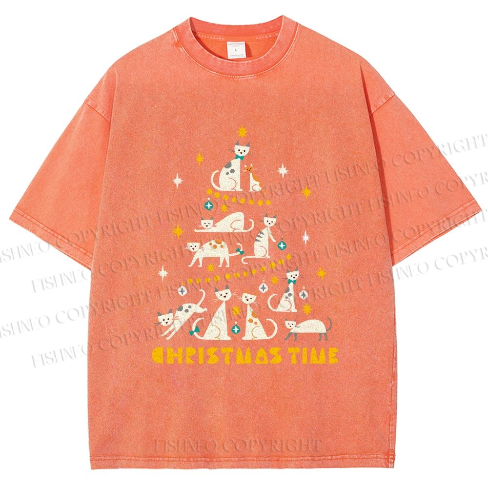 Unisex Christmas Cat Tree Printed Washed Tee