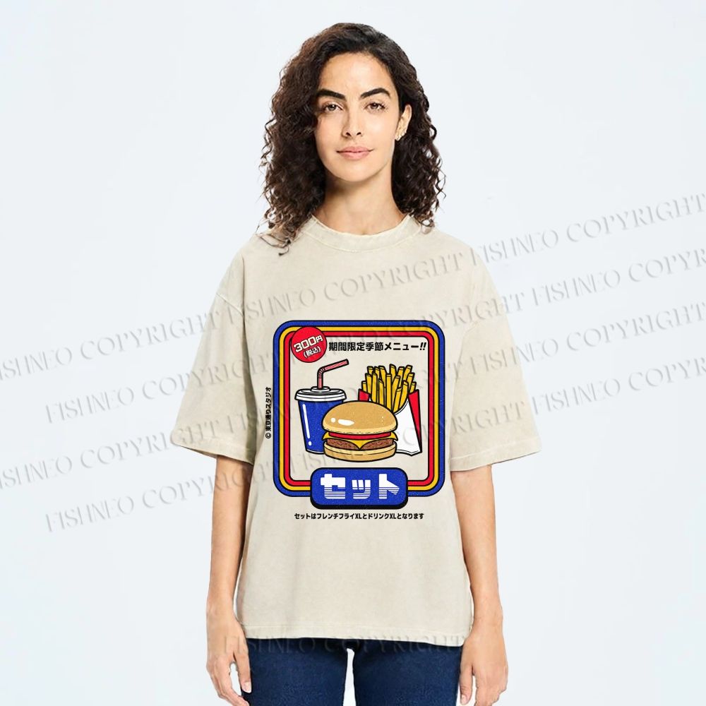 Unisex Japanese Burger Set Printed Washed Tee