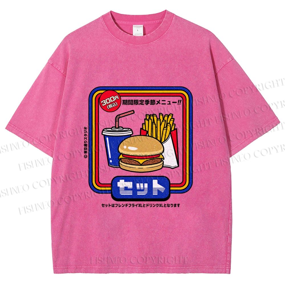 Unisex Japanese Burger Set Printed Washed Tee