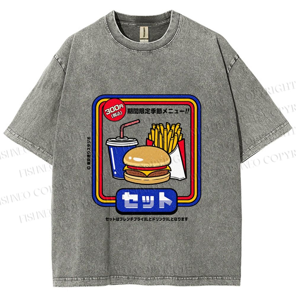 Unisex Japanese Burger Set Printed Washed Tee