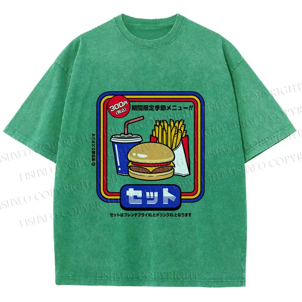 Unisex Japanese Burger Set Printed Washed Tee