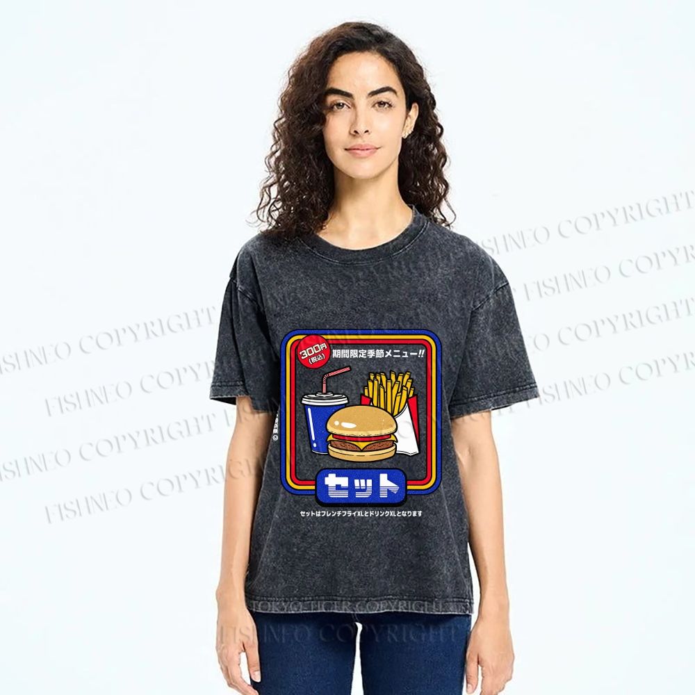 Unisex Japanese Burger Set Printed Washed Tee