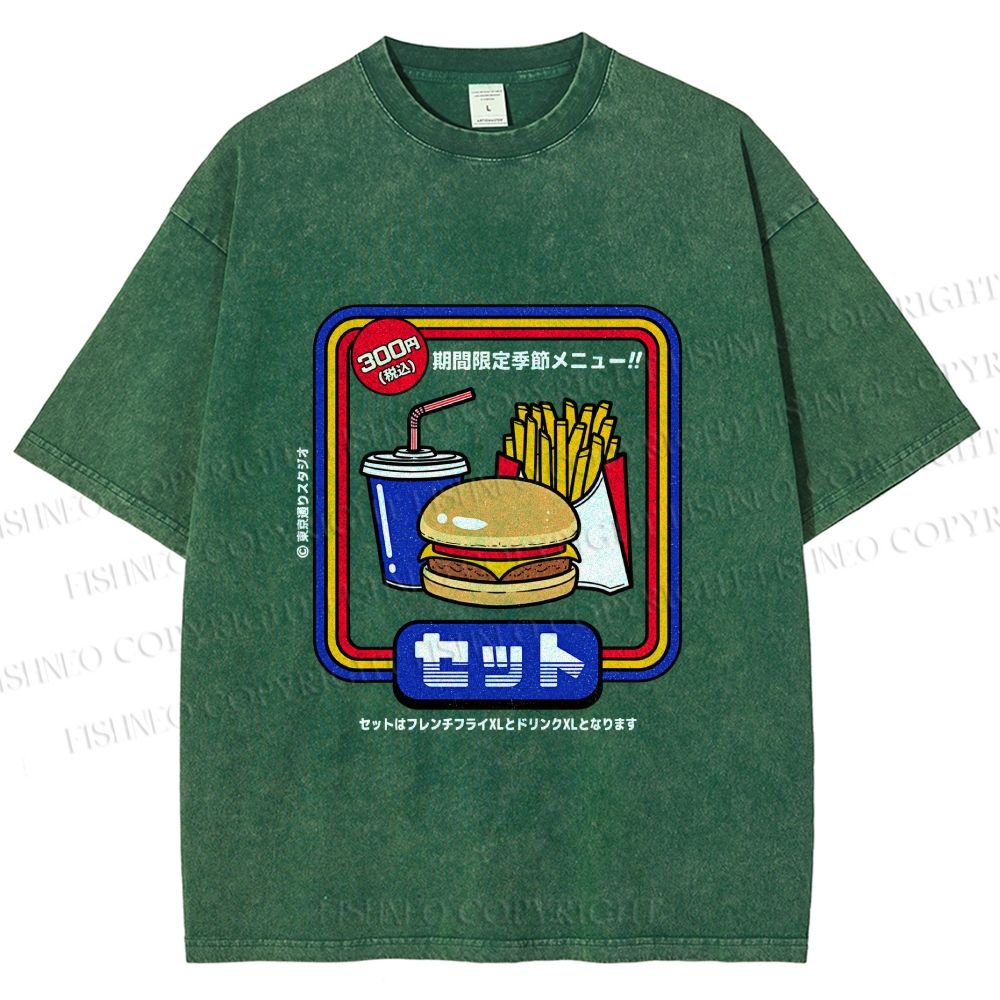 Unisex Japanese Burger Set Printed Washed Tee