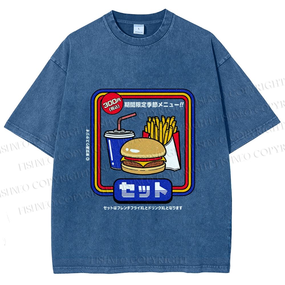 Unisex Japanese Burger Set Printed Washed Tee
