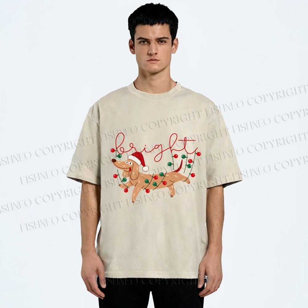 Unisex Bright Dachshund in Christmas Printed Washed Tee