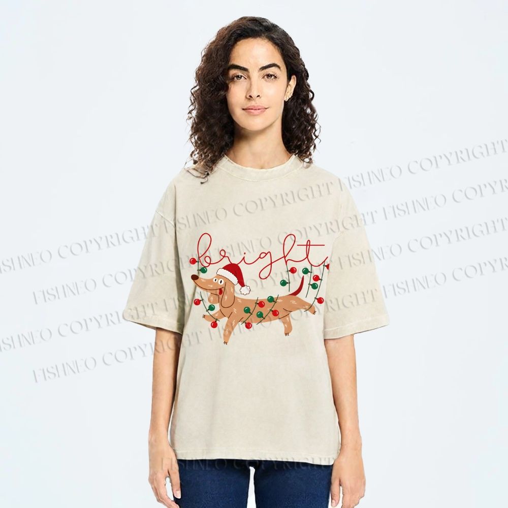 Unisex Bright Dachshund in Christmas Printed Washed Tee