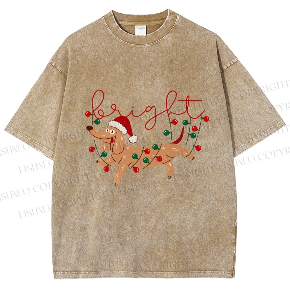 Unisex Bright Dachshund in Christmas Printed Washed Tee