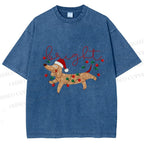 Unisex Bright Dachshund in Christmas Printed Washed Tee
