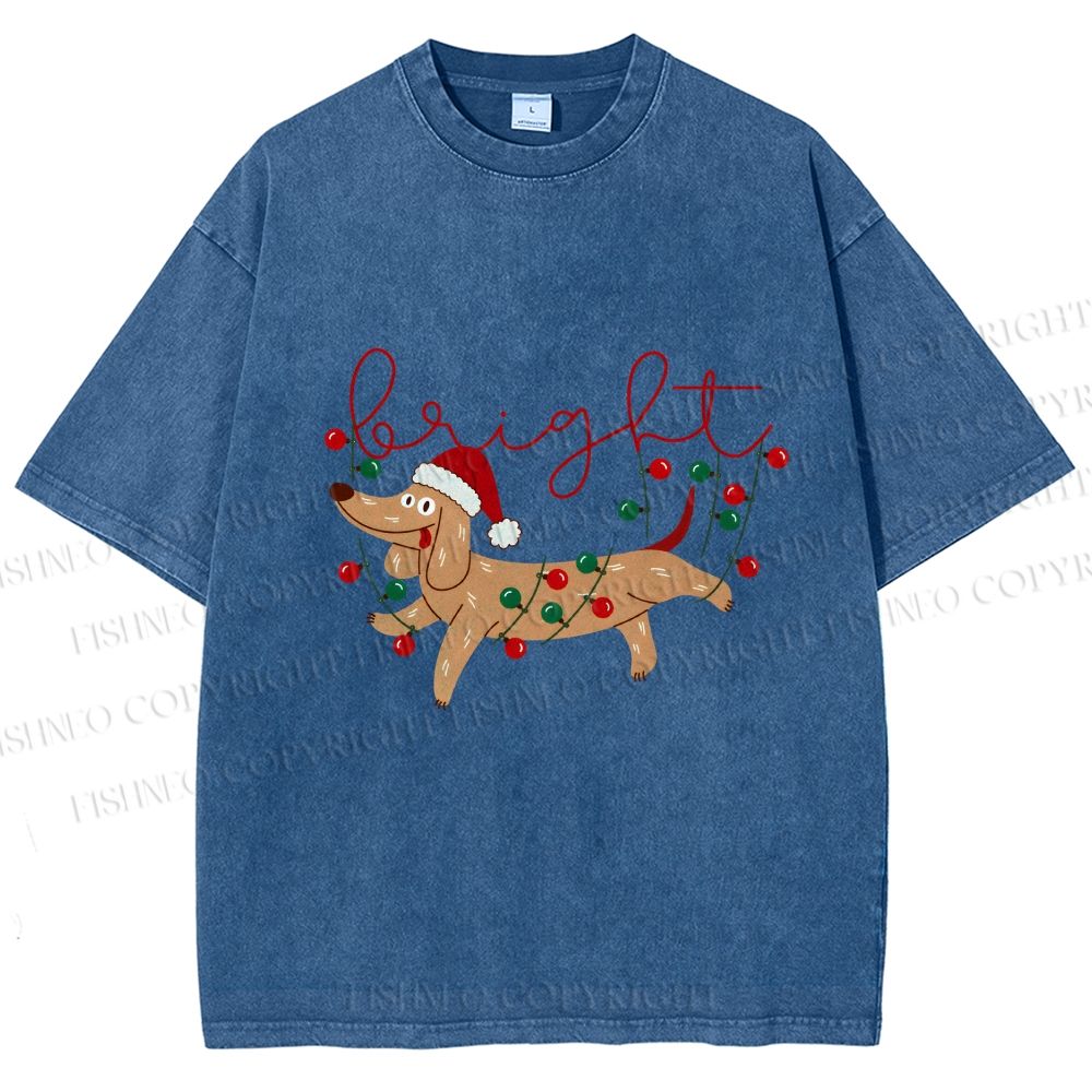 Unisex Bright Dachshund in Christmas Printed Washed Tee