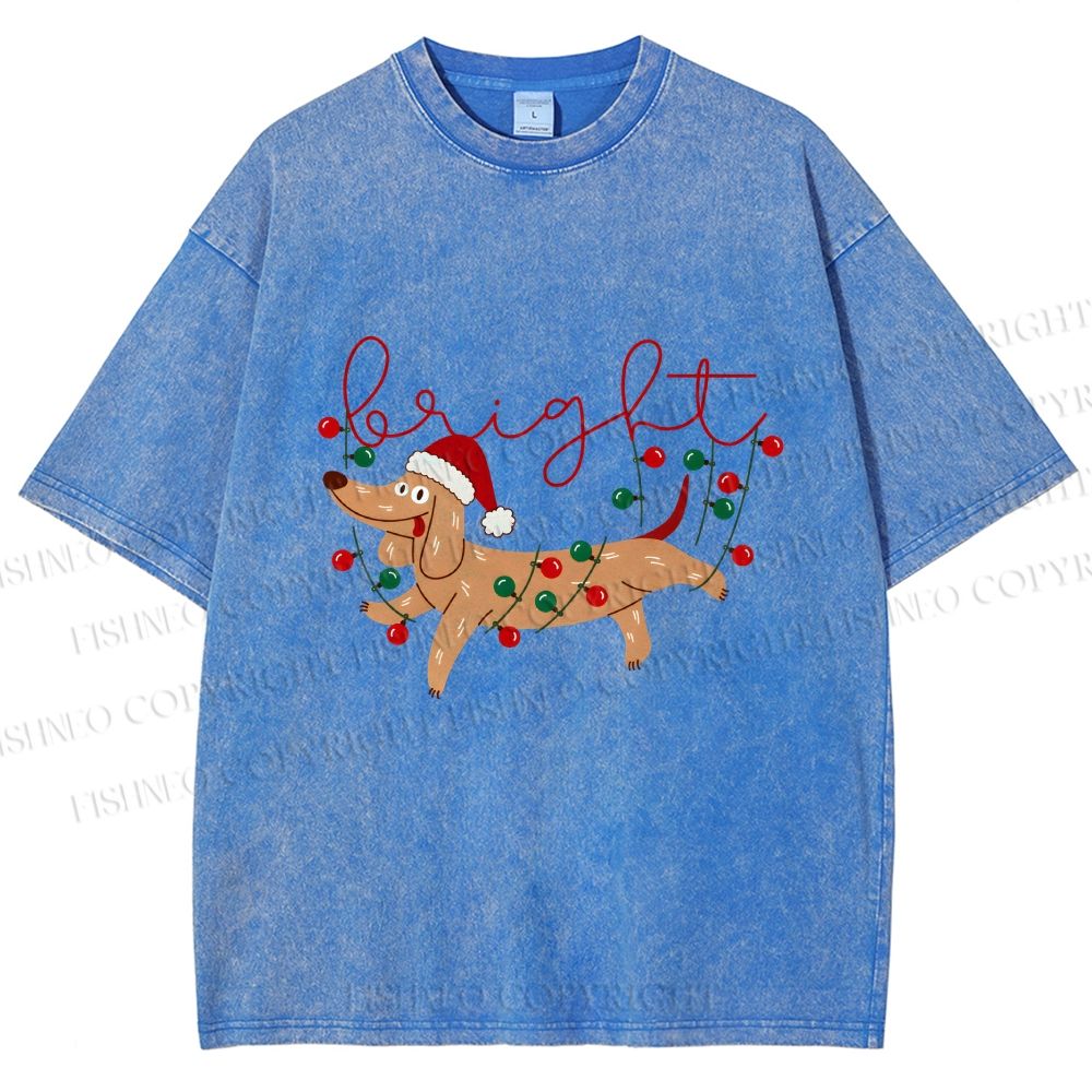 Unisex Bright Dachshund in Christmas Printed Washed Tee
