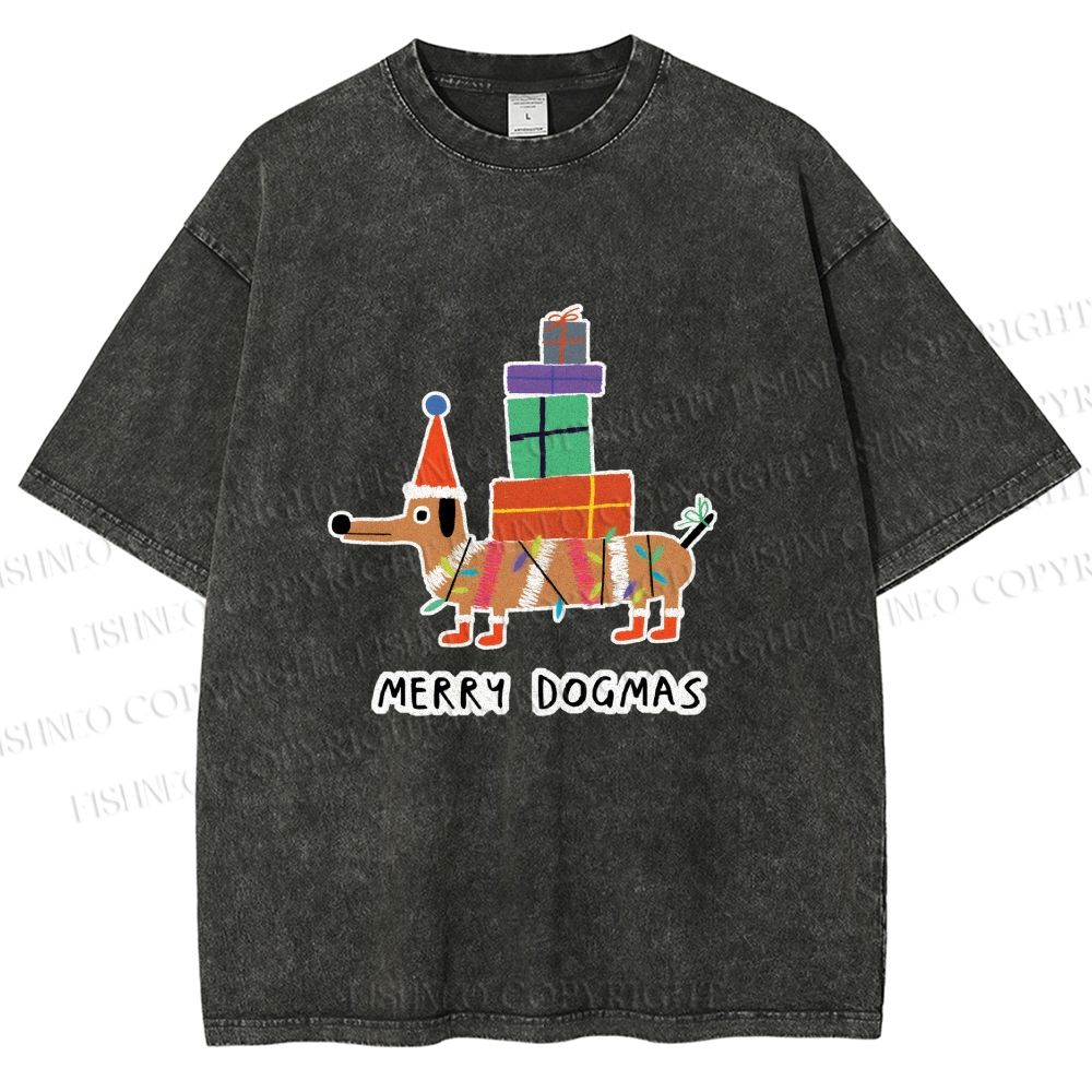 Unisex Merry Dogmas Christmas Dachshund Printed Washed Tee