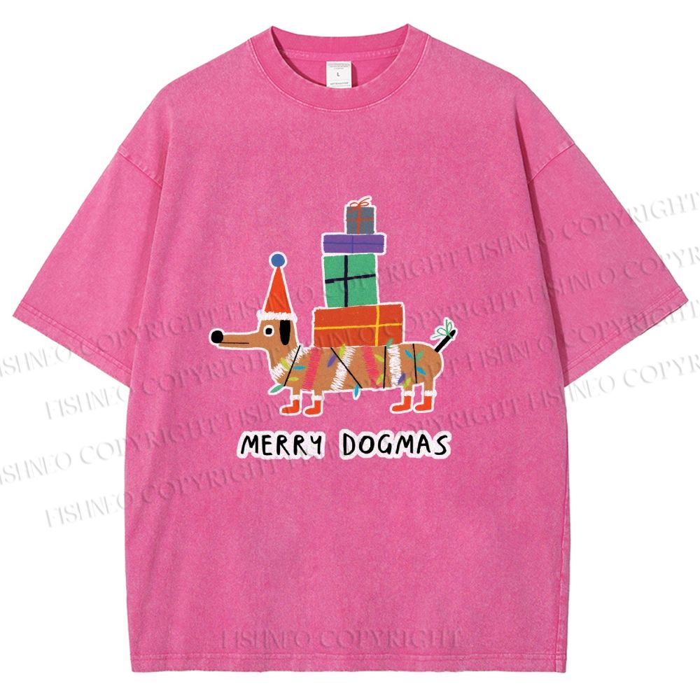 Unisex Merry Dogmas Christmas Dachshund Printed Washed Tee