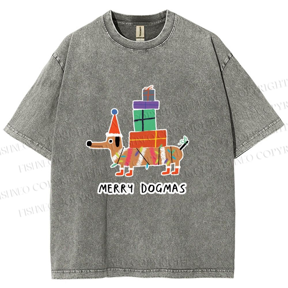 Unisex Merry Dogmas Christmas Dachshund Printed Washed Tee
