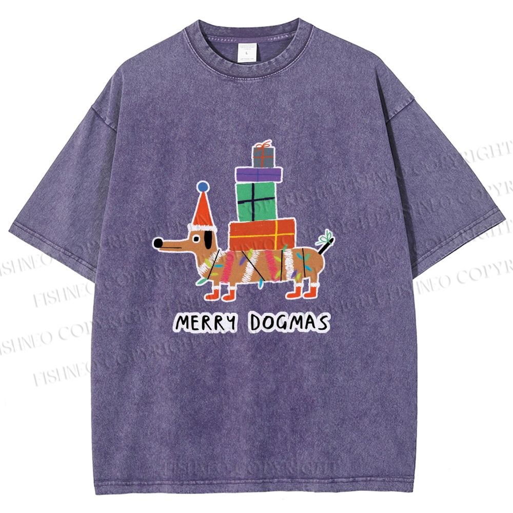 Unisex Merry Dogmas Christmas Dachshund Printed Washed Tee