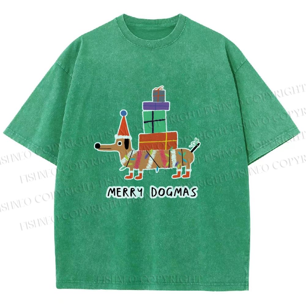Unisex Merry Dogmas Christmas Dachshund Printed Washed Tee