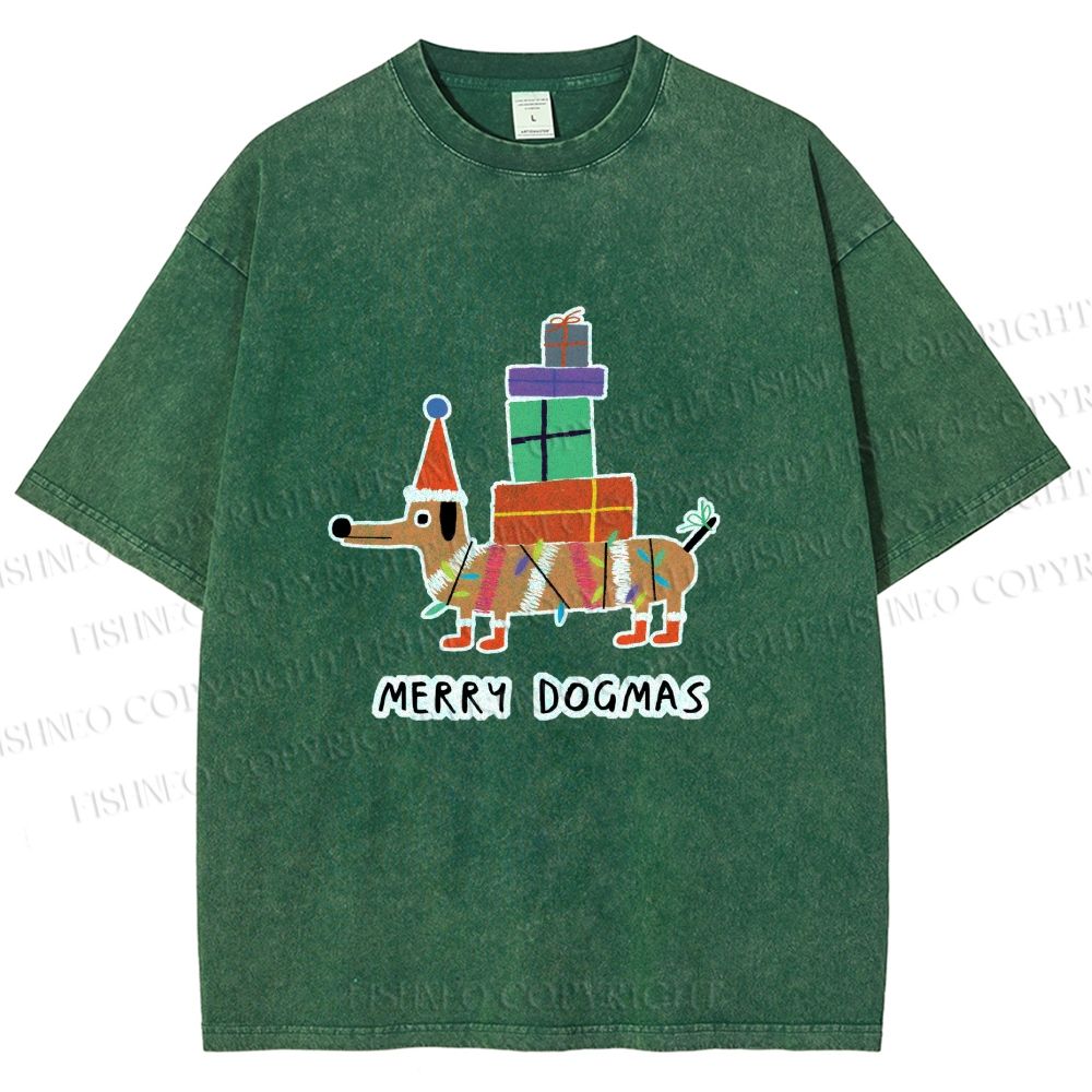 Unisex Merry Dogmas Christmas Dachshund Printed Washed Tee